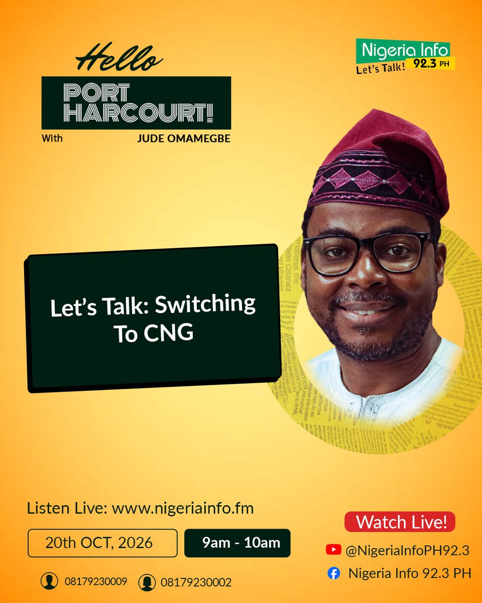 NigeriaInfoPH's tweet photo. Now on #HelloPH with @omamegbejude 

📌 What Challenges Do We Face In Adopting CNG?

📻 Listen: https://t.co/S4SJZTsnSV

📲 08179230002 | 08179230009
.
#nigeriainfofm #letstalk https://t.co/JrdZ14UgWi