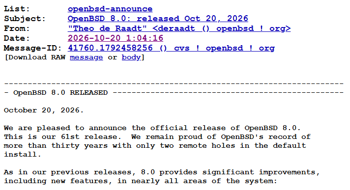 jaromil's tweet photo. Welcome to the world @OpenBSD 8.0 ! considering how AI-slop coding has taken over the Linux kernel, recent Ubuntu derive into consumer-grade and security flaws since the systemd avalanche, OpenBSD is my top choice for mission critical headless servers. https://t.co/cOCIUuD9sv