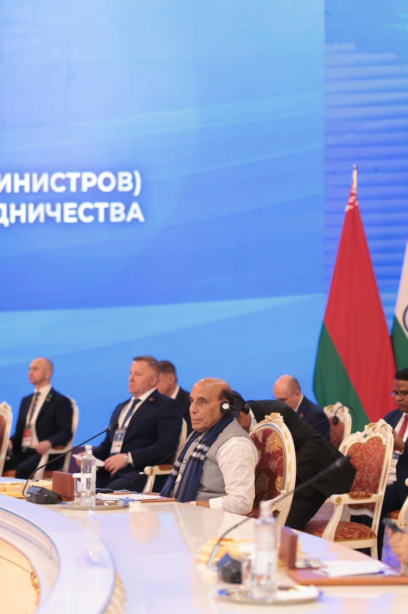 SpokespersonMoD's tweet photo. At the 25th SCO Council of Heads of Government Meeting in Dushanbe, Raksha Mantri Shri @rajnathsingh called for unified action to dismantle the entire ecosystem of terrorism, asserting that there can be no justification for terrorism or double standards in tackling it.

He also stressed that connectivity must respect the sovereignty and territorial integrity of all countries, and that SCO’s success lies in creating opportunities for youth, entrepreneurs, farmers and small businesses.

Read here: https://t.co/8HNqDvqL3c

@IndEmbDushanbe 
@mea