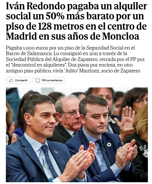 Ibon_Dominguez's tweet photo. Iván Redondo pagaba un alquiler social un 50% más barato por un piso de 128 metros en el centro de Madrid en sus años de Moncloa, vía @elmundoes

"Pagaba 1.000 euros por un piso de la Seguridad Social en el Barrio de Salamanca"

Lo más normal del mundo...
https://t.co/SBMaisabI0 https://t.co/vGtIIU677k