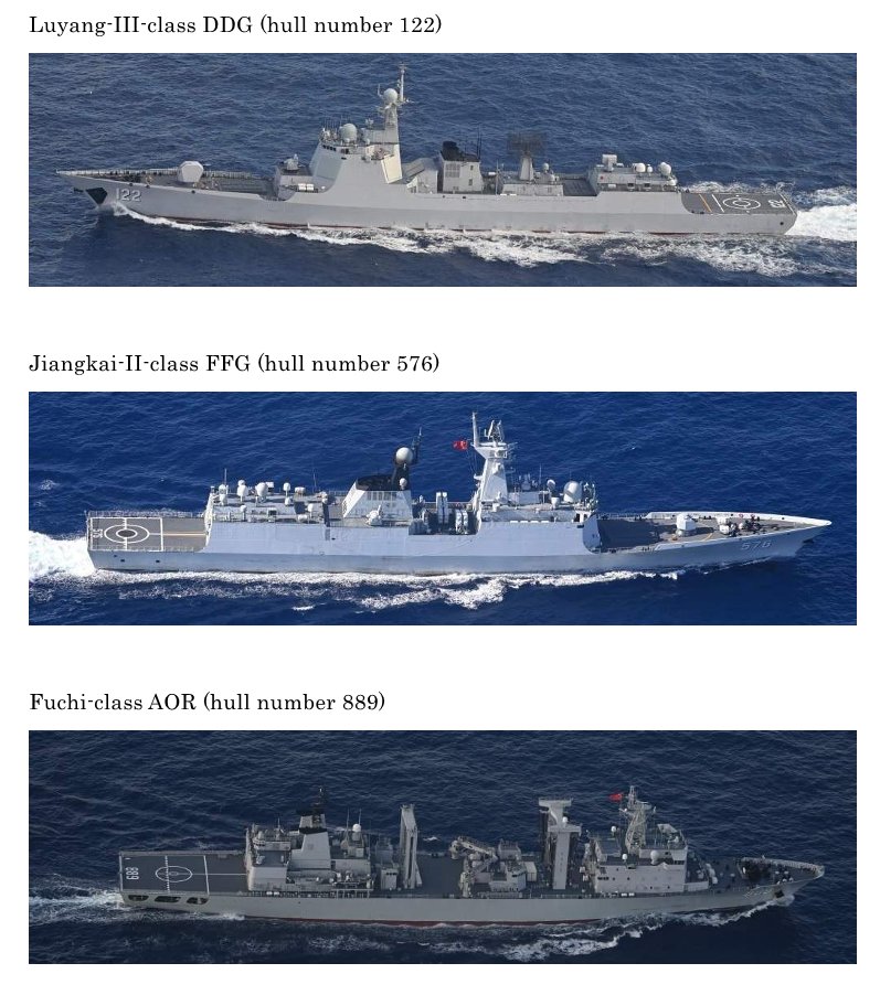 JapanJointStaff's tweet photo. At around 4:00 p.m., Friday, October 16, 2026, JMSDF spotted the following three PLAN vessels sailing northeastward in the waters approximately 220km south of Miyako-jima Island. https://t.co/3qNPF5XRBu
