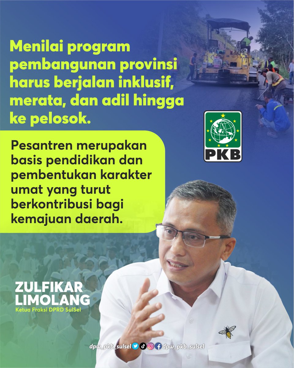 dpwpkbsulsel's tweet photo. Momentum Hari Jadi ke-357 Sulawesi Selatan menjadi catatan penting bagi Fraksi PKB. Pembangunan daerah diharapkan tidak hanya berfokus pada infrastruktur umum, tetapi juga menyentuh sektor pendidikan keagamaan, khususnya para santri dan pondok pesantren di seluruh penjuru Sulsel. https://t.co/hJfFjnwjgr