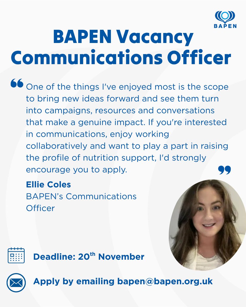 BAPENUK's tweet photo. 📣Join the BAPEN Executive Team as Communications Officer

This is a fantastic opportunity to help shape our communications, support member engagement and raise awareness of the importance of nutritional care.

Interested? Find out more about the role here: https://t.co/Fjo1ACOmOX