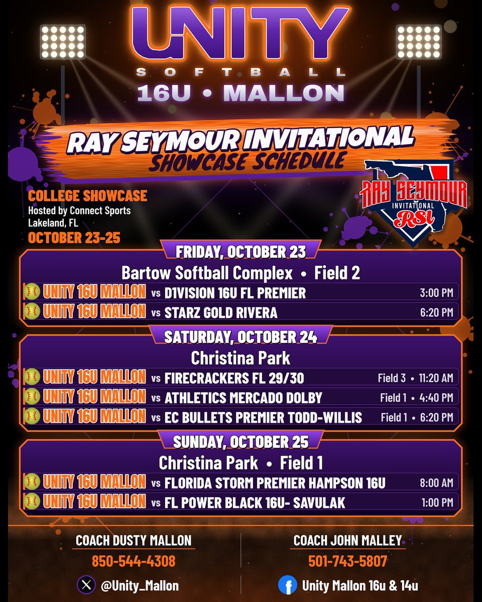 Unity_Mallon's tweet photo. 📣 The Ray Seymour Invitational Schedule. Coaches we can't wait to see you in Lakeland, Florida. 
#Classof2028 #Classof2029

@ray_seymour @ConnectSports_
@LineDsoftball @ExtraInningSB @YAthletesF @diamondaddicts @softbalamerica @top_d1recruits @tagupSoftball @DustyMallonFP https://t.co/nahjEwTDnY