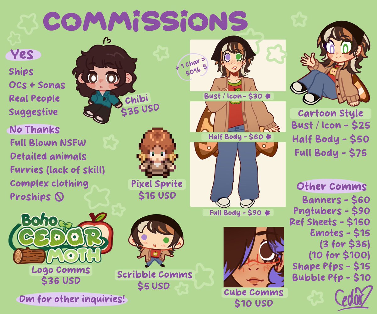 CedarMoth's tweet photo. Due to being short money on rent, I’m opening up 5 new comm slots! Here is my comms sheet! Reply or dm me if interested!!!! https://t.co/mJINRNPLew