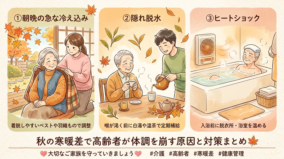 kawatana1765's tweet photo. 秋の寒暖差で高齢者が体調を崩す原因と対策まとめ🍁
①朝晩の急な冷え込み
　→着脱しやすいベストや羽織もので調整
②隠れ脱水
　→喉が渇く前に白湯や温茶で定期補給
③ヒートショック
　→入浴前に脱衣所・浴室を温める

💖大切なご家族を守っていきましょう💖

#介護 
#健康管理
#ケアライフ https://t.co/VbEeD2GixL