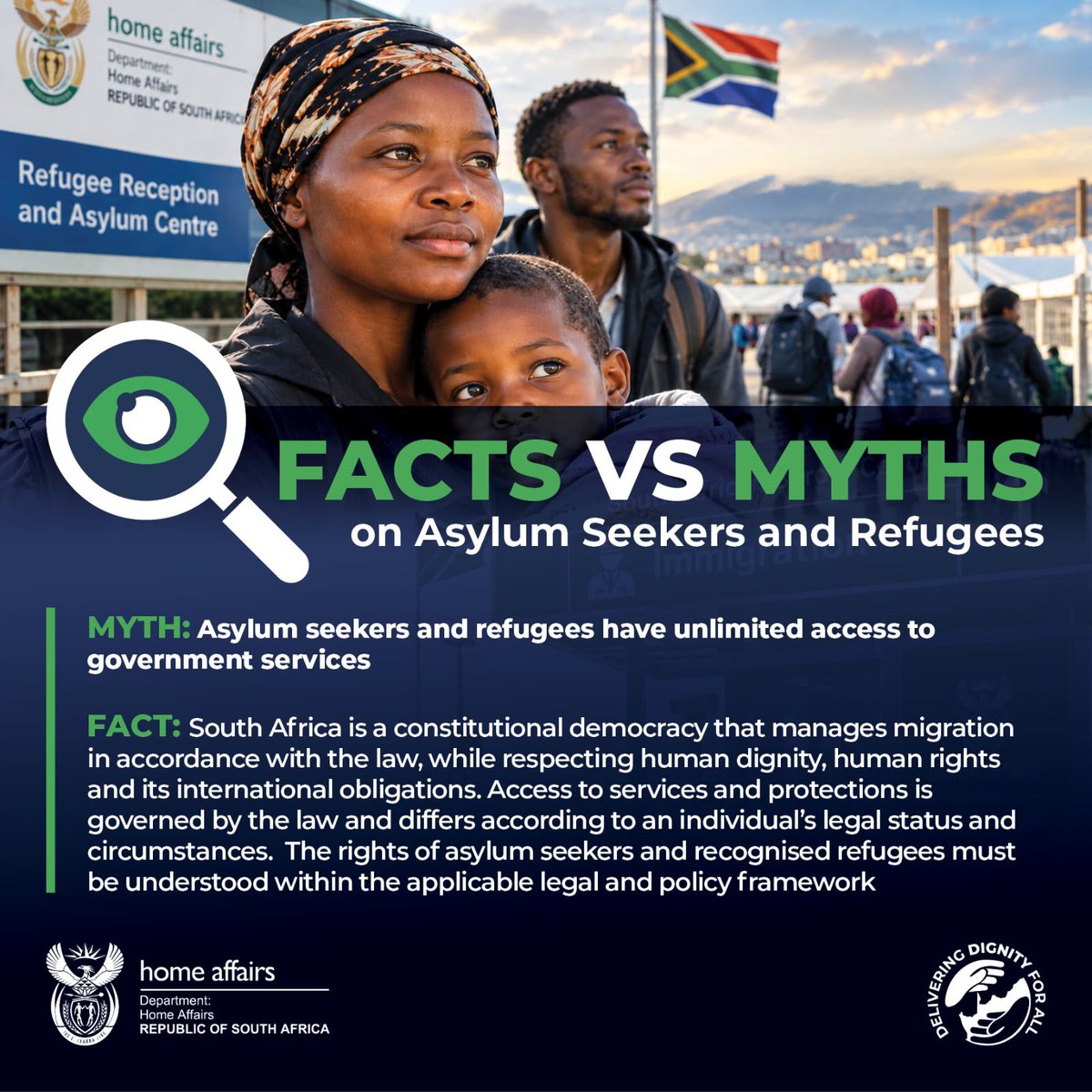 GovernmentZA's tweet photo. MYTH: Asylum seekers and refugees have unlimited access to government services

FACT: South Africa is a constitutional democracy that manages migration in accordance with the law, while respecting human dignity, human rights and its international obligations. 

#Misdisinformation #FactsvsMyth #GovZAUpdates