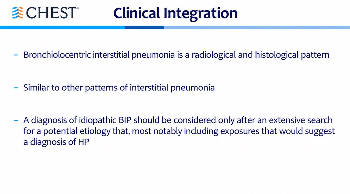 georgepapadapol's tweet photo. El término nuevo más destacado y controversial fue el patrón de neumonía intersticial bronquiolocéntrica (BIP) visto más frecuentemente en neumonitis por hipersensibilidad #CHEST2026 https://t.co/V5pQuEz2vB