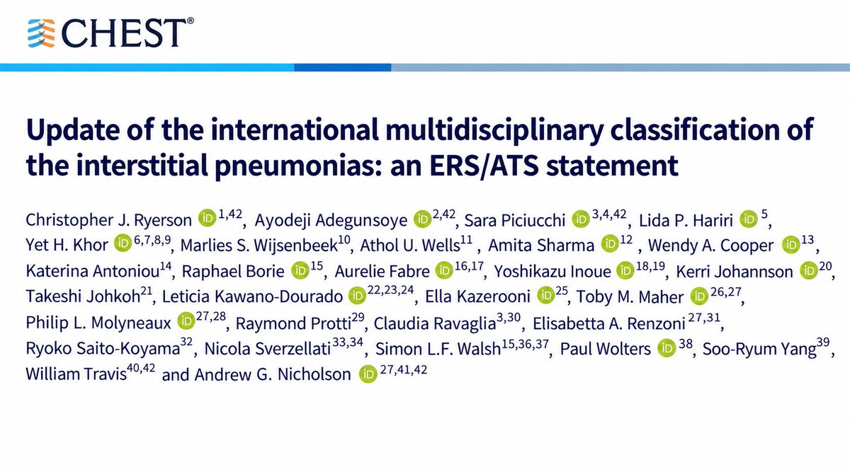 georgepapadapol's tweet photo. 3. Actualización en enfermedad pulmonar intersticial #ILD
Este año se actualizó la clasificación internacional y multidisciplinaria de las neumonías intersticiales
#CHEST2026 https://t.co/aXZLoN1hNi