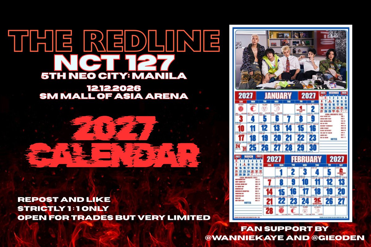 wanniekaye's tweet photo. #NCT127inMANILA2026 
#TheRedlineInManila 

🔥 2027 CALENDAR fan support 🔥
by @wanniekaye and @gieoden 

🔥 repost and like

SEE YOU CHILZENS!! 🥳💚 https://t.co/eL1A6SB52R