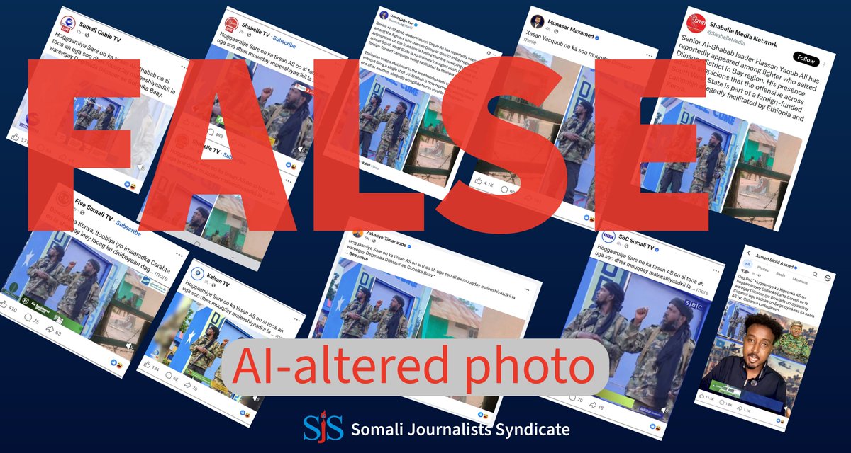sjs_Somalia's tweet photo. 🚨AI-altered photo falsely claims Al-Shabaab leader appeared among fighters seen in Diinsoor, Southwest, Somalia, during capture by pro-Laftagareen’s forces:

 On Sunday, 18 October 2026, an AI-altered photo was widely circulated by some Somali media outlets, journalists, and numerous social media influencers in Somalia and beyond, claiming that “senior Al-Shabaab leader Hassan Yaqub Ali has reportedly appeared” among the fighters who seized Diinsoor town in the Bay region of Somalia’s Southwest State on 16 October, following an offensive by pro-Abdiaziz Hassan Mohamed “Laftagareen” forces.

Some news sites and social media accounts went further, claiming that the conflict across Southwest State “was part of a foreign-funded campaign” allegedly “facilitated by Ethiopia and Kenya”.

These posts and the AI-altered photo garnered thousands of views across various platforms, including Facebook, X (formerly Twitter), and YouTube. The images were also shared by accounts supportive of Aden Mohamed Nur (Aden Madobe) and the Somali Federal Government.

The Somali Journalists Syndicate @sjs_Somalia was alerted to the images by local journalists and ordinary citizens, prompting @sjs_Somalia to investigate them using open-source methods.

@sjs_Somalia found that the images used to support the claims were AI-altered versions of original photographs published by Al Jazeera English in 2016. In the original photographs, Al-Shabaab leader Hassan Yaqub Ali was seen standing to the left of the group’s spokesperson, Ali Mohamud Raage. However, in the AI-altered version, the two men wearing black turbans had been re-positioned, and their faces had been brightened, revealing the sloppy use of AI.

The original @AJEnglish photographs were taken in central Somalia in November 2016.