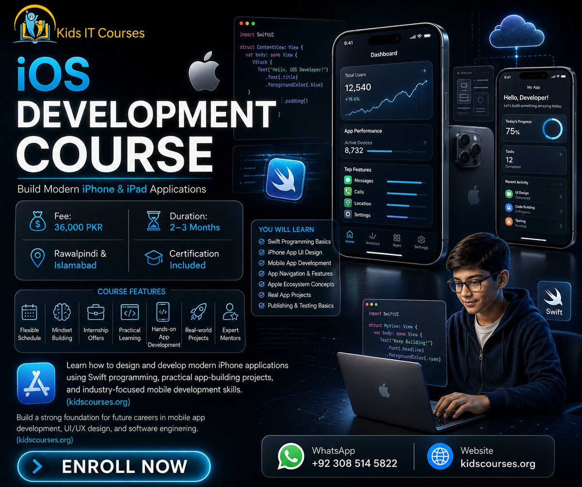 TechnocationSo's tweet photo. 📱 iOS Development Course at Technocation

Want to build powerful apps for Apple devices? Join our iOS Development Course and explore Swift programming, Xcode.
🌐 Website: https://t.co/FuGTxzWTRC
📲 WhatsApp: +923085145822 https://t.co/56ucoBGl7c