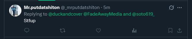 duckandcover's tweet photo. @FadeAwayMedia @soto619_ NOOOO I'M NOT GOING TO STOP JUST BECAUSE SOME RANDO ON THE INTERNET TELLS ME TO NOOOO https://t.co/MbmTAvsYsL