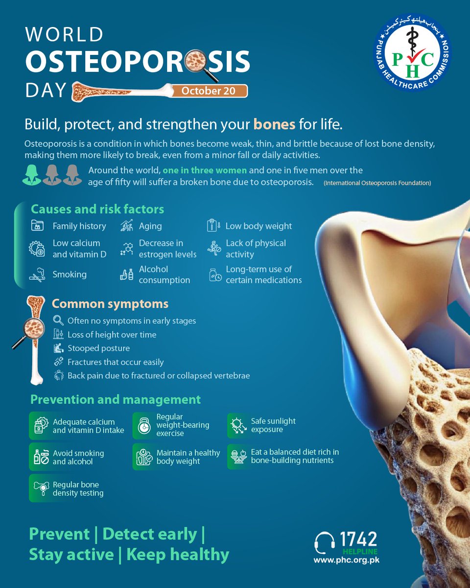 PHC_Punjab's tweet photo. The Punjab Healthcare Commission (PHC) urges the public to build, protect, and strengthen bones for life. Minor steps today can prevent osteoporosis tomorrow.

#PunjabHealthcareCommission #PHC #WorldOsteoporosisDay #BoneHealth #HealthyBones #OsteoporosisAwareness #StayActive #PreventOsteoporosis #StrongBonesForLife