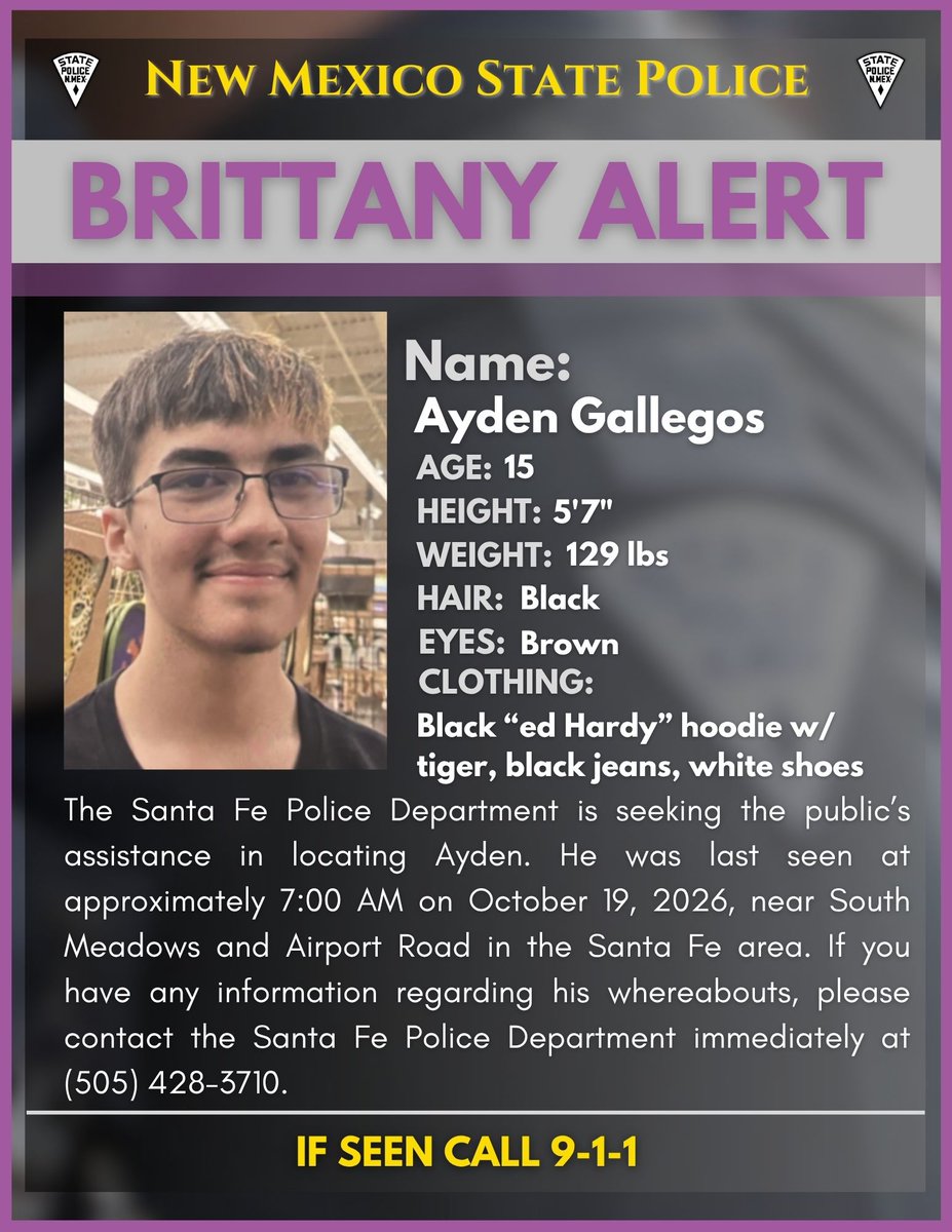 NMStatePolice's tweet photo. Brittany Alert - Santa Fe Police Department https://t.co/YqrtQGGZdG