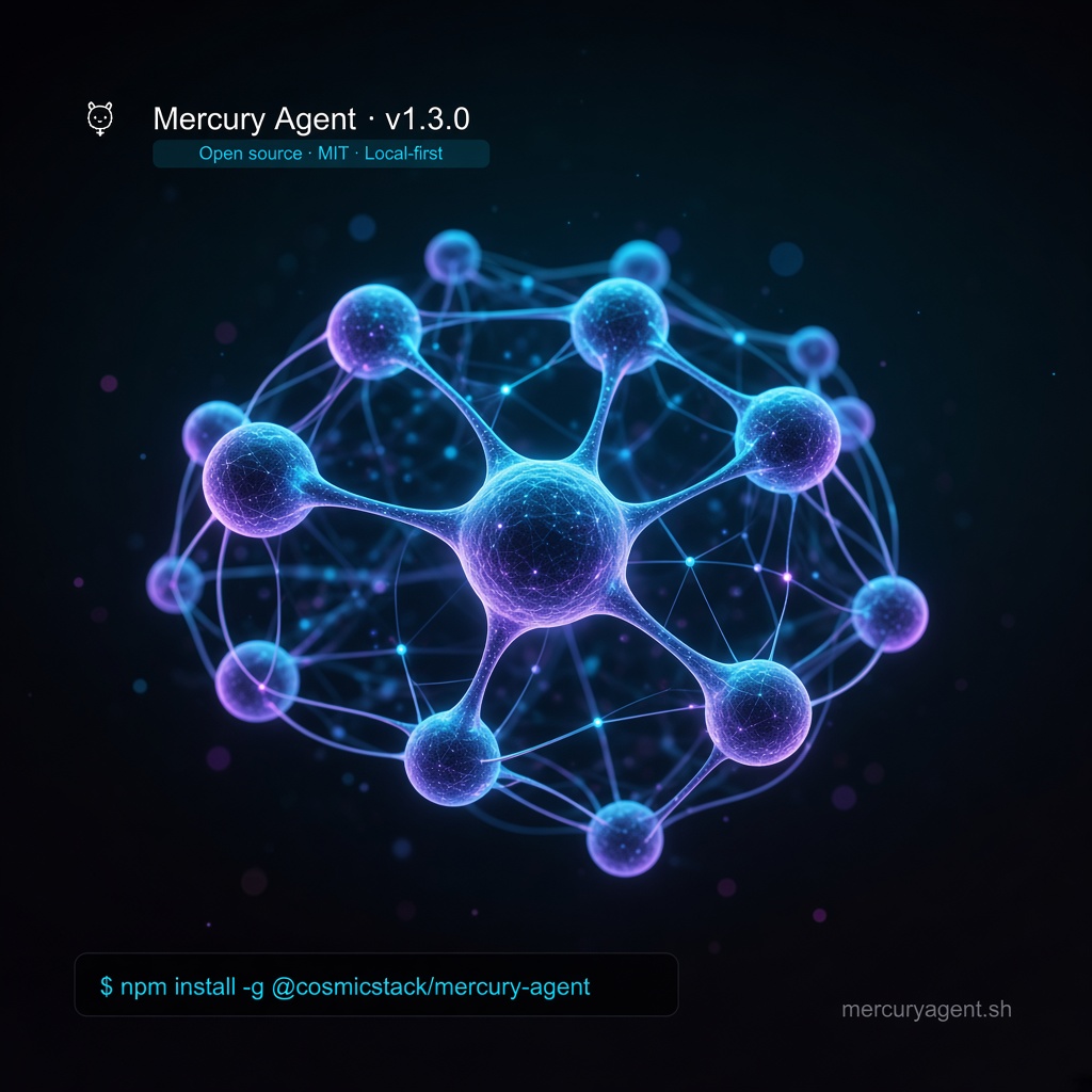 cosmicstack's tweet photo. Local memory on your disk. Zero telemetry. One agent across terminal and chat.