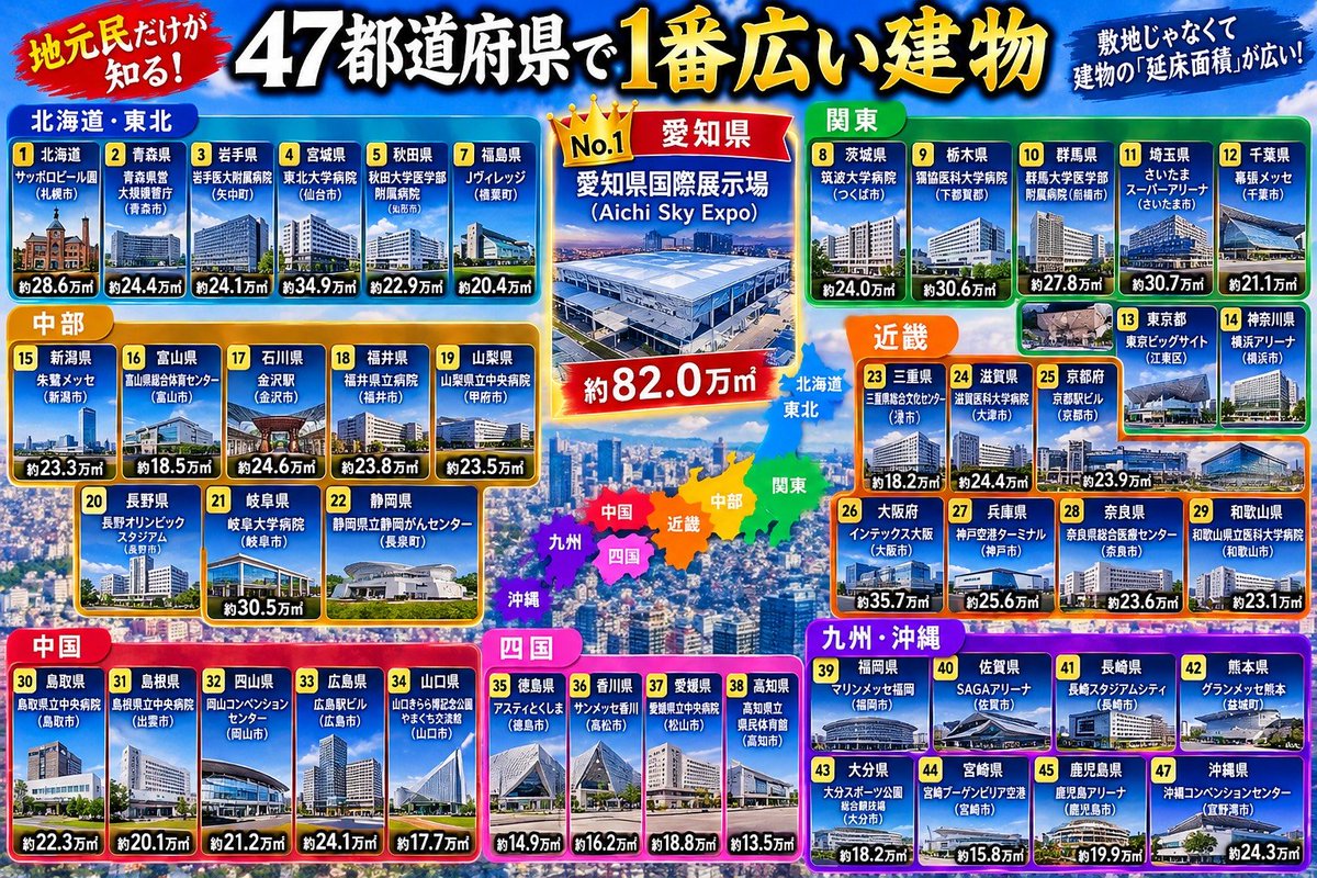 yakousei789's tweet photo. 「47都道府県」別
1番広い建物はこれ https://t.co/TWdZXEHk89