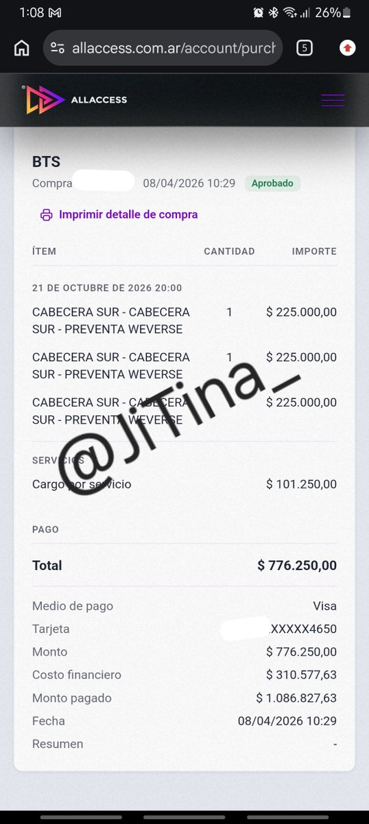 JiTina_'s tweet photo. Vendo entrada para el concierto del 21/10 de bts. Por temas de que la persona que la compro no va poder asistir, Y la compro a cuotas con interes esta 360K. Podemos acordar para transferir presencialmente por CABA. https://t.co/ijpNqKEYiL