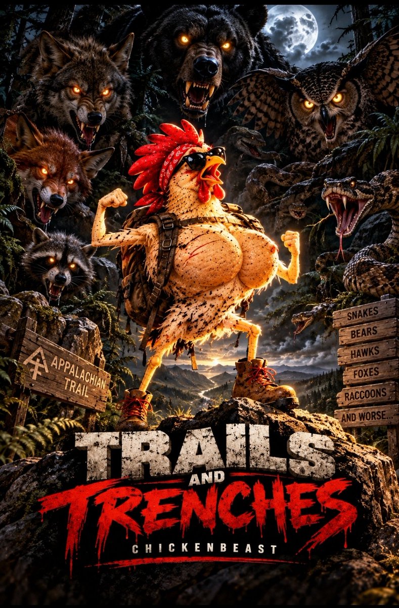 ChickenBeastX's tweet photo. When I said I was going on a world tour, I meant I wanted to LIVE a little - 
NOT get eaten!

These trenches are densely populated with wolves, bears, and snakes. 

Welcome to the Trail!
🐔👹 https://t.co/l2vA9cv3Zh