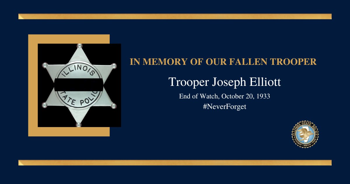 ILStatePolice's tweet photo. We remember Trooper Joseph Elliott. Trooper Elliott was killed in an automobile accident while he and another officer returned to the district headquarters in Peoria, Illinois. The officers were attempting to pass another car when the patrol car went out of control on the wet road surface. Trooper Elliott was pinned underneath the car and succumbed to his injuries several hours later.
Trooper Elliott had served with the Illinois State Police for seven months and was assigned to District 8. Trooper Elliott was survived by his wife.

End of Watch, October 20, 1933
#NeverForget