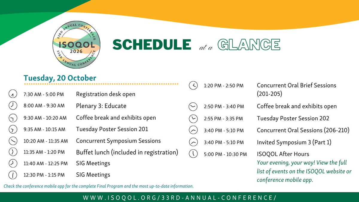 ISOQOL's tweet photo. Today's #ISOQOL agenda features Plenary 3: Educate.

New to this year are our ISOQOL After Hours events! Choose from the Stats SIG PRO Viz Challenge, Dine-Arounds, Singing Workshop, and sponsored receptions, or use the time to network on your own. 
https://t.co/nB5Yn1T8R6 https://t.co/rgcjlSrQmi