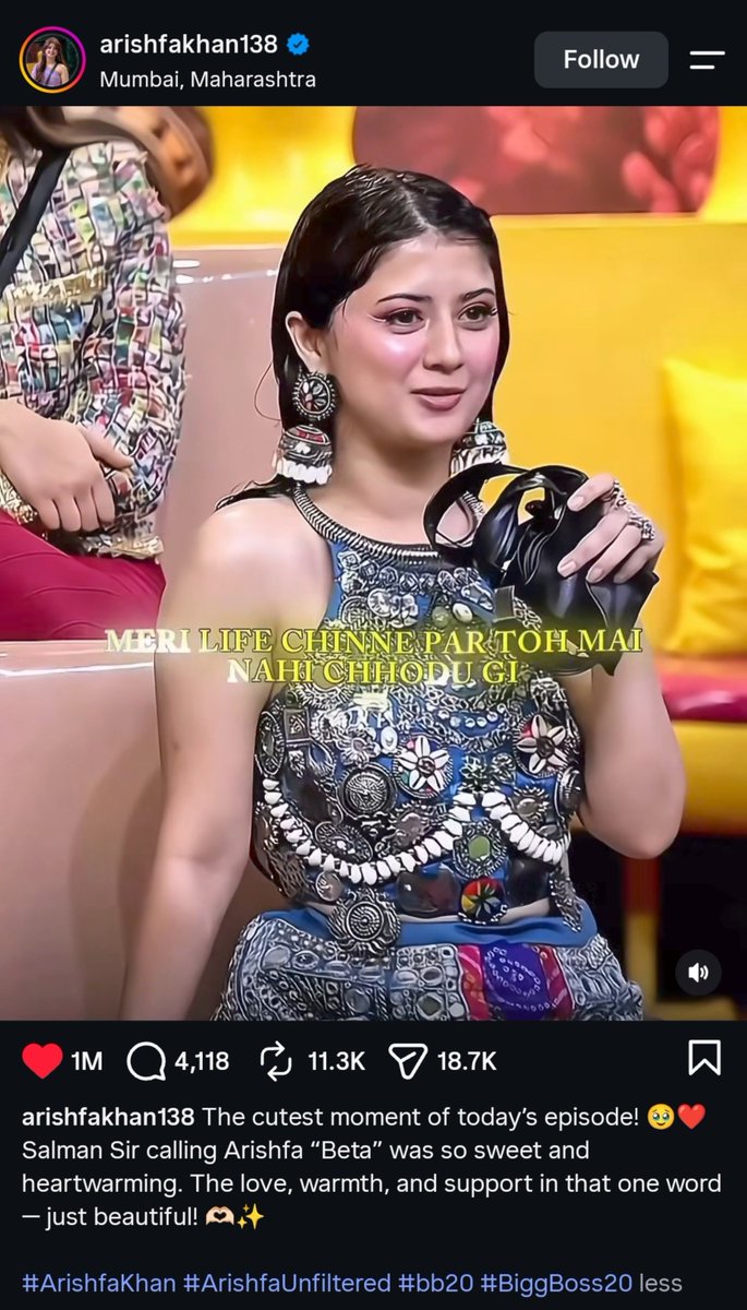 Itszaiduuu's tweet photo. This reel of Arishfa praised by salman and him calling her "beta" crossed 1M likes,so much craze of her 💗✨ 

#ArishfaKhan #BiggBoss20 https://t.co/lw4tapbb3L