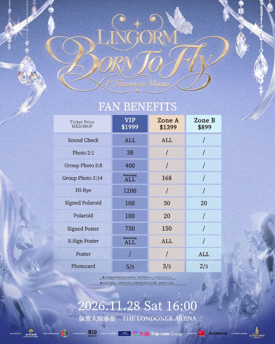 lingling_fans's tweet photo. 🔔˗ˏˋ꒰ 𝗣𝗥 𝗔𝗻𝗻𝗼𝘂𝗻𝗰𝗲𝗺𝗲𝗻𝘁꒱♦️

【 LINGORM <BORN TO FLY> 1st FANCON IN MACAO 】

จากหน้าจอสู่เวที พร้อมทะยานสู่มาเก๊า 🪽 หลิงหลิง คอง ✕ ออม กรณ์นภัส กลับมาอีกครั้งพร้อมแฟนคอนเสิร์ตครั้งแรกในต่างประเทศ! 💜

📣 พบกับการแสดงคู่บนเวที การแสดงเดี่ยวสุดโดดเด่น เกมอินเทอร์แอ็กทีฟ สิทธิพิเศษมากมาย และเซอร์ไพรส์สุดพิเศษที่รอให้ทุกคนมาค้นพบ 🥰

🔥 เตรียมตัวให้พร้อม พกความตื่นเต้นและความรักมาให้เต็มที่ แล้วพบกันที่มาเก๊า! 💜

🗓️ Show Time: November 28, 2026 (Sat) 4PM
📍 Venue: The Londoner Arena
 🎫 Ticket Prices: MOP/HKD VIP $1,999 / A $1,399 / B $899

【💡Ticketing Details】
► October 28 (Wed) 12:00 PM (Local Time)
🔗 CotaiTicketing: https://t.co/y6PQzbCVDi
🔗 Damai: https://t.co/w3Je4Zf1Nt
🔗 Trip: https://t.co/f7MTDiHm5e

#Linglingkwong‌ #หลิงหลิงคอง‌ 
#LINGORM_FANCON_MACAO 
@linglingsirilak