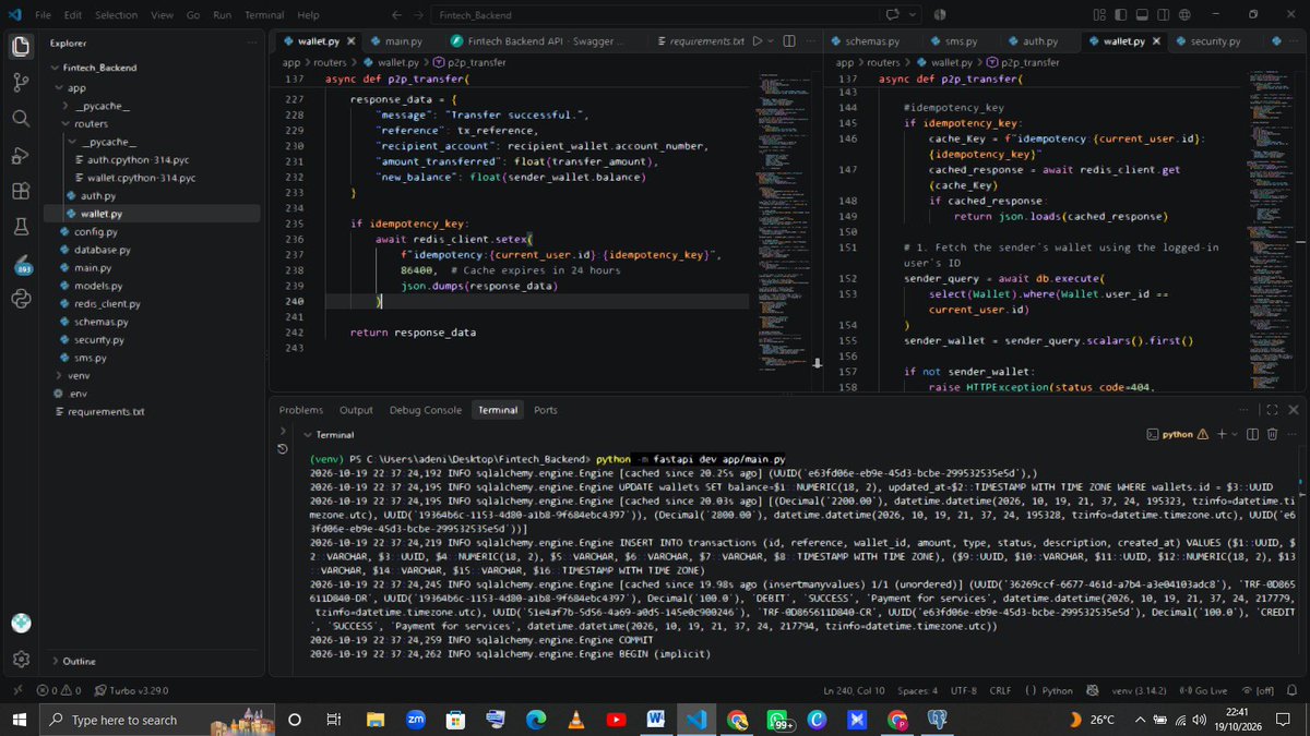 Yourtechguy_001's tweet photo. Day 125 of Python 🐍
Added Redis Idempotency Keys to P2P transfers! 💳⚡
• Scoped keys by user ID • Cached responses to stop retry duplicates • 24-hr TTL in Redis (setex) • Zero accidental double-charges
#BuildInPublic #FastAPI #Backend #PgAdmin #SoftwareEngineer https://t.co/v1mSsg4zJX