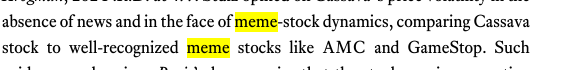 Smilleey's tweet photo. https://t.co/t7U68t6761 just listed THE NEW FACE of meme-stock dynamics

They compare Cassava's stock to AMC and Gamestop, Cassava just rebranded from cassava sciences to Filana Therapeutics with the ticker FLNA - https://t.co/lfGOWKX6qv

GOV ARTICLE DROPPED TODAY -https://t.co/a2EqOsxBnu