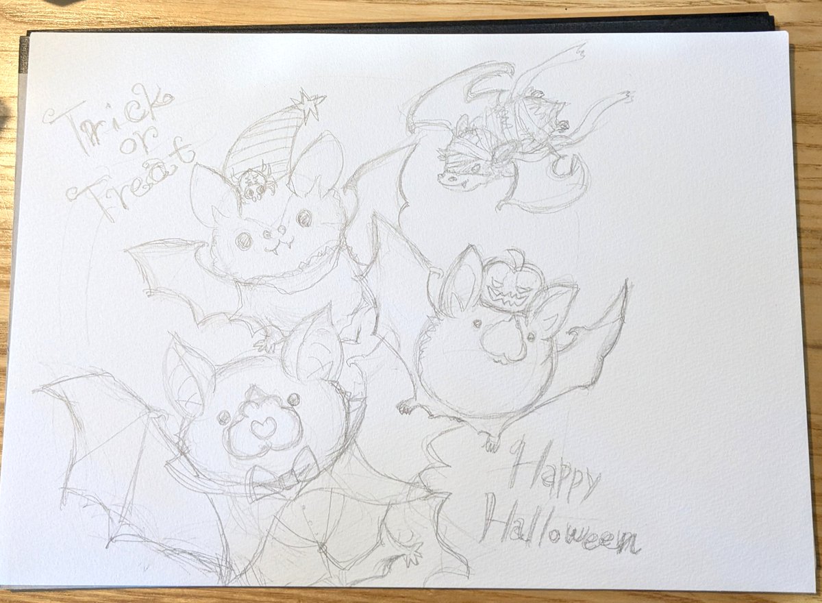 kuri6darara2's tweet photo. 🎃季節感あるのも描き始めた
ただコウモリ描きたかっただけかも🦇

普段しないパキッと塗りつぶす塗り方にしようと思って描き始めたけど、色鉛筆で結局塗ることにします https://t.co/XvogT72Hvb