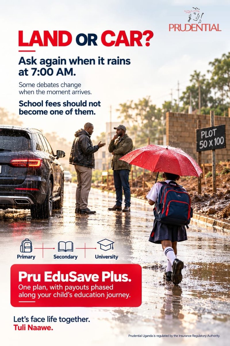 PrudentialUG's tweet photo. Land or car? In Kampala, the answer often changes the moment it starts raining. 

But when it comes to your child’s education, the plan shouldn't depend on the weather, the season or the circumstances.

With Pru EduSave Plus, you plan ahead with payouts at key stages of your child’s education, from Primary to Secondary and University.

Because some decisions are worth making before the rain starts.

Let’s face life together. 
Tuli Naawe.