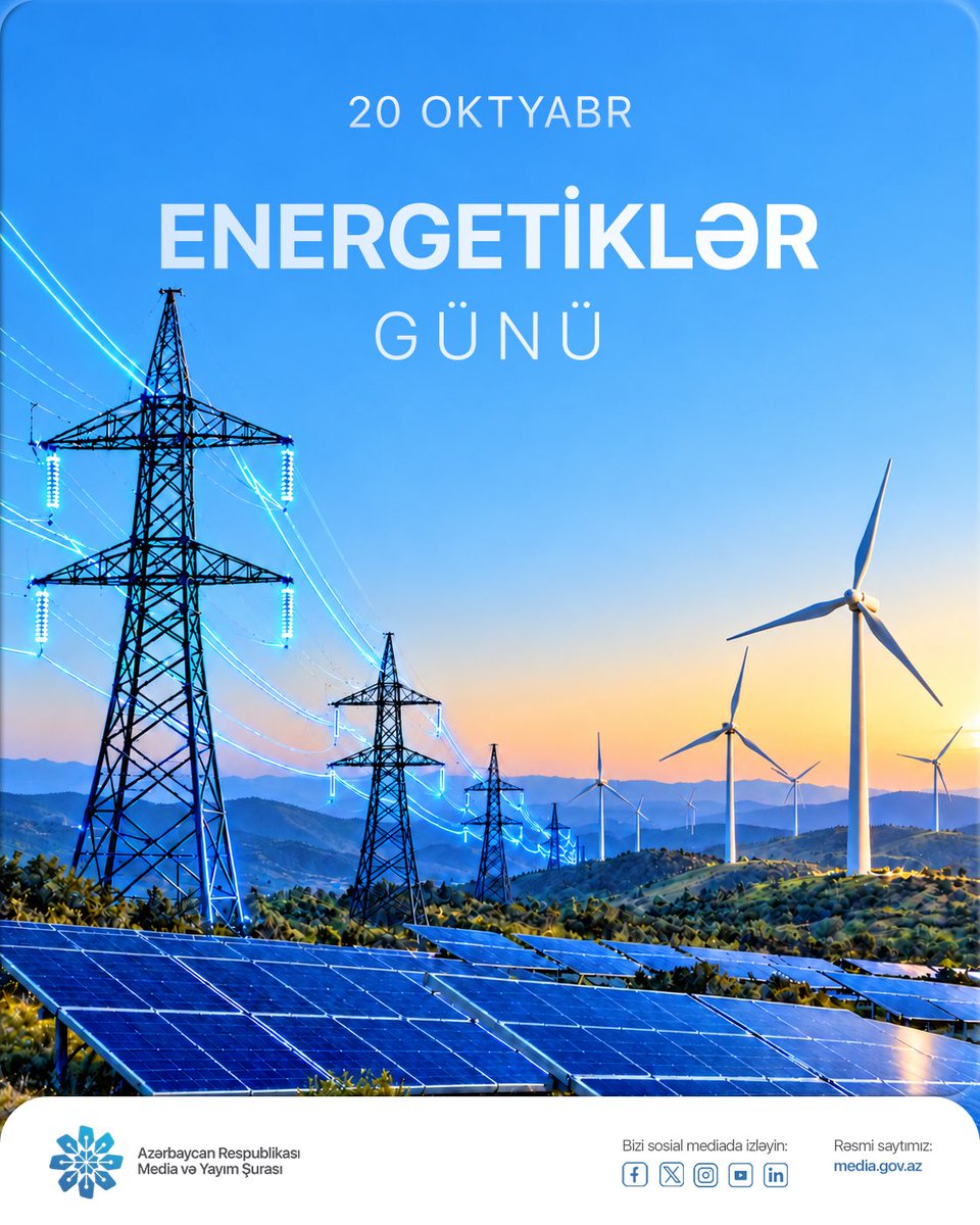 MediaGovAz's tweet photo. Azərbaycanın enerji potensialının inkişafına mühüm töhfə verən bütün energetikləri peşə bayramı günü münasibətilə təbrik edir, gələcək fəaliyyətlərində uğurlar arzulayırıq! 

#MediavəYayımŞurası #EnergetiklərGünü https://t.co/ybpBqFn42l