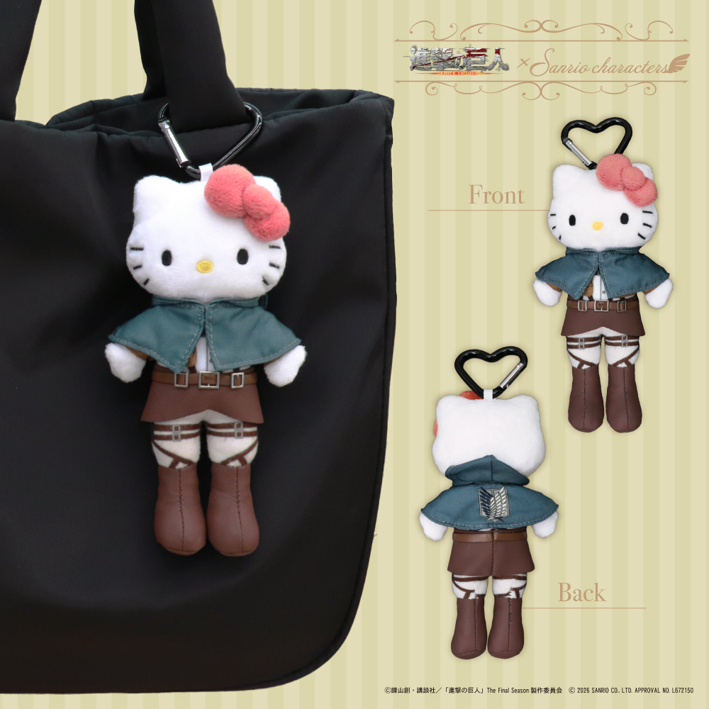 AOT_Sanrio's tweet photo. 【グッズ紹介】
『#進撃の巨人』× #サンリオキャラクターズ 

🎀ハローキティ スタイルアップマスコット🎀

調査兵団の衣装を身にまとったハローキティの、スタイル抜群なマスコット！
マントには「自由の翼」もプリントされています🪽

ぜひ一緒にお出かけして楽しんでください！
#shingeki https://t.co/McLBTCGecJ