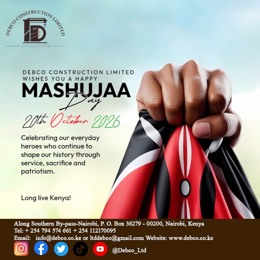 Debco_Construct's tweet photo. 🇰🇪 Happy Mashujaa Day from Debco Construction Limited as we honor Kenya's legendary heroes and the dedicated builders constructing our nation's future! 🏡
#DebcoConstructionLimited #BrillianceBuilding #MashujaaDay #HappyMashujaaDay #KenyaHeroes #BuildKenya #ConstructionKenya https://t.co/RBCDZAMTvu