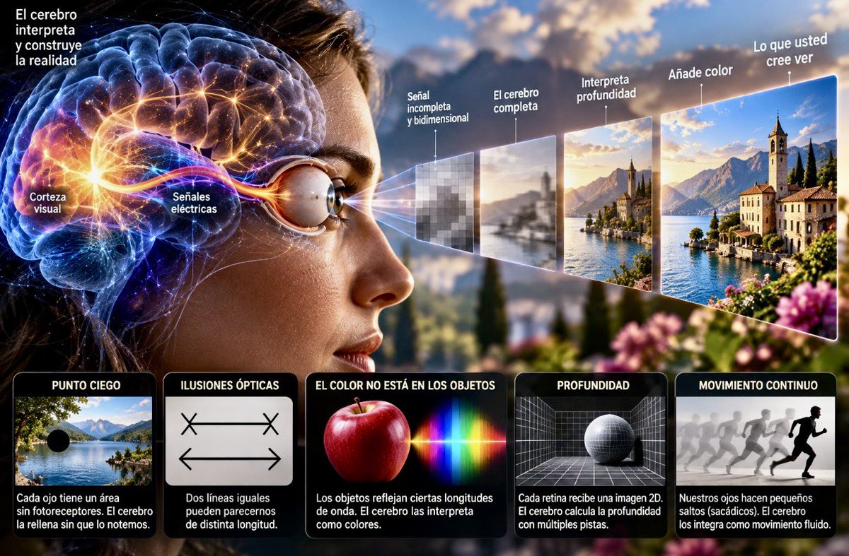 Eneatipo7's tweet photo. SU  CEREBRO  INVENTA  LO  QUE  USTED  ESTÁ  VIENDO

Abra los ojos y mire alrededor. Una mesa, una ventana, un rostro, colores, distancias, movimiento. Todo parece llegar hasta nosotros como una película transmitida directamente desde el exterior. Creemos estar viendo el mundo tal como es.

Pero sus ojos no funcionan como cámaras y su cerebro tampoco como una pantalla.

Lo que usted está viendo es, en buena medida, una construcción.

Comencemos por una pequeña anomalía. Cada uno de nuestros ojos posee un punto ciego: el lugar de la retina por donde sale el nervio óptico carece de fotorreceptores. Allí, literalmente, no vemos nada. Sin embargo, nadie camina por la vida con dos agujeros negros flotando en el paisaje.

El cerebro los rellena.

Utiliza la información circundante y la del otro ojo para construir aquello que probablemente debería estar allí. No nos avisa. No aparece un cartel diciendo “imagen reconstruida”. Simplemente fabrica continuidad y nosotros la aceptamos como realidad.

Y no es la única intervención.

El color tampoco viene pegado a los objetos. Una manzana no contiene “rojo” del modo en que contiene átomos. Su superficie refleja determinadas distribuciones de longitudes de onda; nuestros fotorreceptores responden a ellas y el sistema visual genera la experiencia que llamamos rojo. Otros animales, con receptores diferentes, habitan mundos cromáticos distintos.

La profundidad también requiere interpretación.

Cada retina recibe una imagen bidimensional. El cerebro compara pequeñas diferencias entre ambos ojos, analiza perspectiva, sombras, tamaño relativo, movimiento y experiencia previa, y así construye la sensación de un espacio tridimensional.

Vemos profundidad porque el cerebro la calcula.

Incluso el movimiento continuo es una elaboración. Nuestros ojos realizan pequeños saltos llamados movimientos sacádicos varias veces por segundo. Durante ellos, la información visual se modifica y el cerebro reduce nuestra percepción de esas interrupciones. Si experimentáramos crudamente todo lo que llega a la retina, el mundo sería bastante menos estable.

Por eso las ilusiones ópticas son tan reveladoras. No demuestran que el cerebro funcione mal. Demuestran cómo funciona.

Una sombra puede hacer que dos tonos idénticos parezcan diferentes. Dos líneas iguales pueden parecernos de distinta longitud. Una figura inmóvil puede aparentar movimiento. El cerebro no espera pasivamente los datos: utiliza contexto, memoria y expectativas para inferir qué está ocurriendo.

Y normalmente acierta.

Eso es lo extraordinario.

Durante millones de años, la evolución no necesitó construir un instrumento dedicado a revelar la realidad física en toda su pureza. Necesitó un sistema suficientemente rápido y eficaz para distinguir alimento de veneno, precipicio de camino, amenaza de refugio y amigo de enemigo.

Ver no consiste simplemente en recibir.

Consiste en interpretar.

Por supuesto, esto no significa que el mundo exterior sea una fantasía ni que podamos inventarlo a voluntad. Hay una realidad independiente que impone límites brutales a nuestras interpretaciones: si confundimos una pared con una puerta, será la pared la que termine la discusión.

Pero entre esa realidad y nuestra conciencia existe una formidable maquinaria biológica.

La luz llega al ojo. La retina transforma señales. El cerebro compara, selecciona, completa, corrige, anticipa e interpreta. Y recién entonces aparece ante nosotros ese mundo sólido, coloreado, continuo y aparentemente inmediato que llamamos realidad.

Quizás por eso deberíamos desconfiar un poco de una frase que pronunciamos con enorme seguridad:

“Lo vi con mis propios ojos”.

Sí.

Pero fueron sus ojos quienes recibieron las señales.

Quien decidió qué significaban fue su cerebro.

Porque no vemos exactamente la realidad. Vemos la mejor hipótesis que nuestro cerebro consigue construir sobre ella.

@MisColumnas