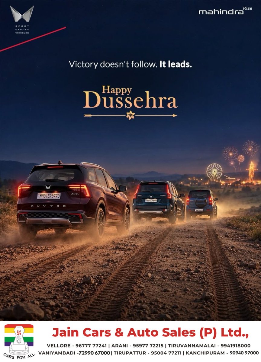 JainsMahindra's tweet photo. This Dussehra, celebrate the spirit of courage and conquest. Wishing you a victorious Dussehra.
(Mahindra, Mahindra Auto, Mahindra XUV 7XO, Mahindra Scorpio-N, Mahindra Bolero Neo, Dussehra)
#Mahindra #MahindraAuto #MahindraXUV7XO
#MahindraScorpioN #MahindraBoleroNeo https://t.co/khNBdUOVw0