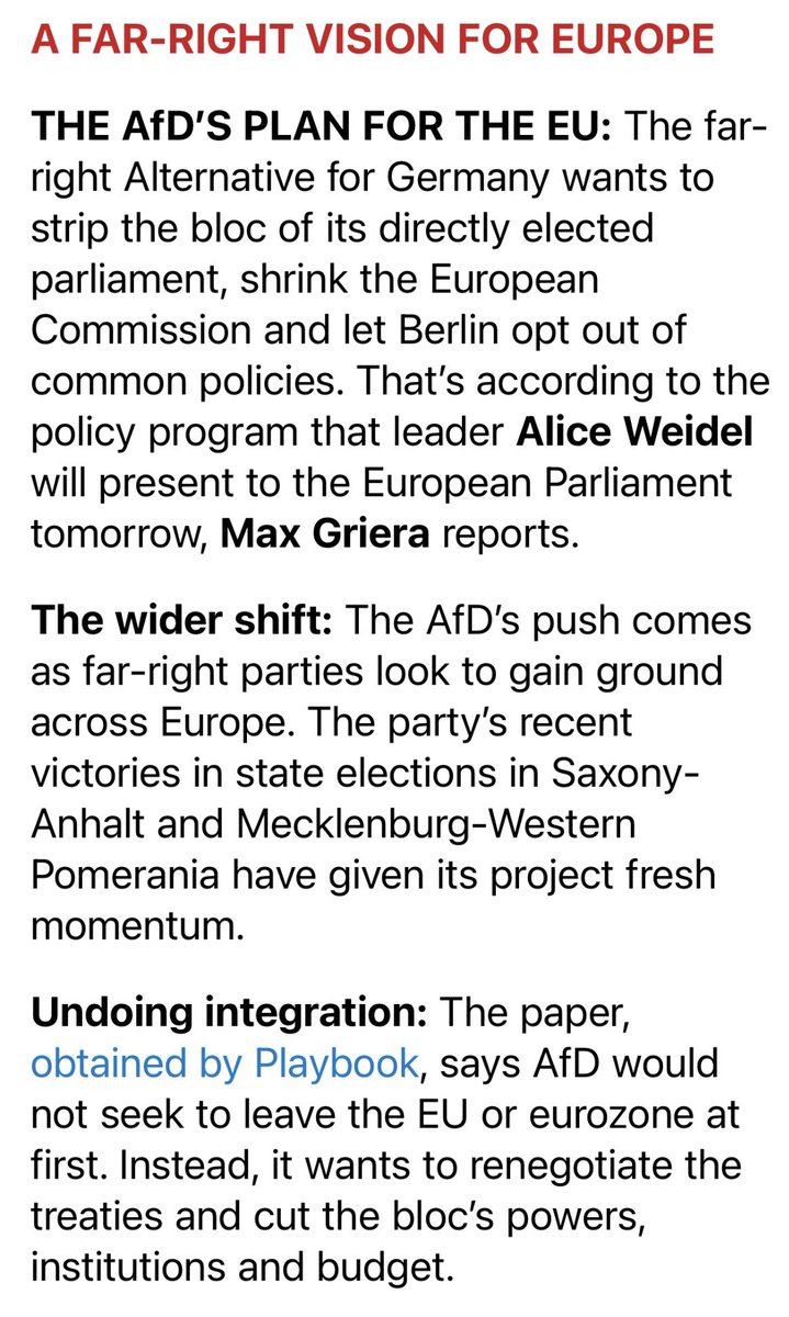 izakaminska's tweet photo. Politico reports that rather than leave the EU the AFD will seek to significantly water down EU powers if it gains control of Germany 👇 https://t.co/urZptvhIby