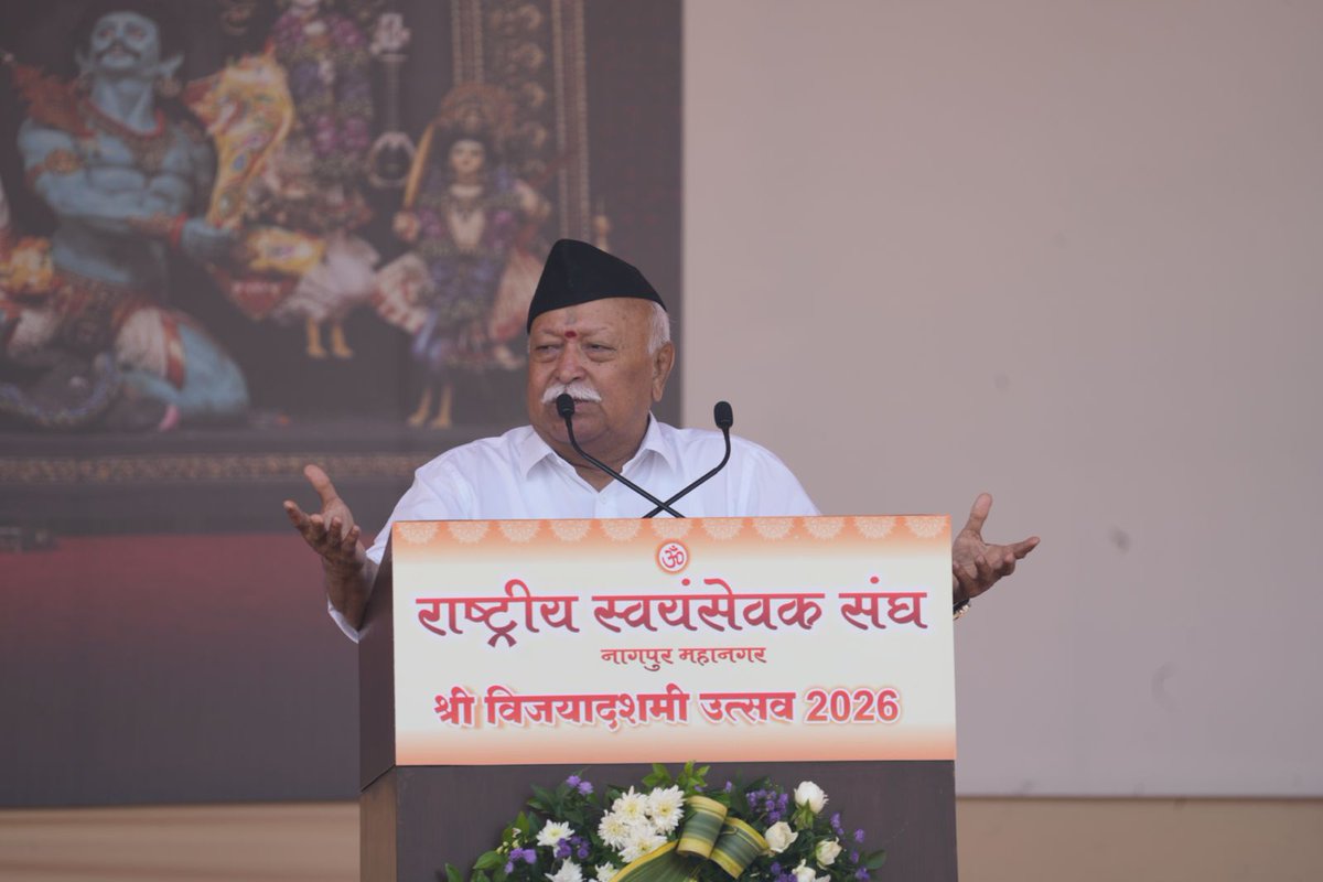 RSSorg's tweet photo. Vande Mātaram, which thwarted the divisive designs behind the partition of Bengal, continues to inspire the same spirit of unity even today. As our national song, it deserves to be sung in its entirety, with pride and without hesitation or objection.

Devotion to Bhārat as our motherland, pride in the lives of our common Bhāratīya ancestors and a commitment to living by the universal human values of our eternal Bhāratīya culture have always kept us united.

These foundations do not conflict with our diverse faiths, regions, languages, castes, and other identities; rather, they transcend these distinctions. By reflecting on these shared foundations, understanding their significance, and embracing them wholeheartedly, we can continue to strengthen both our national unity and the distinct identity of every individual. - Dr. Mohan ji Bhagwat at RSS Nagpur #Vijayadashami Utsav
