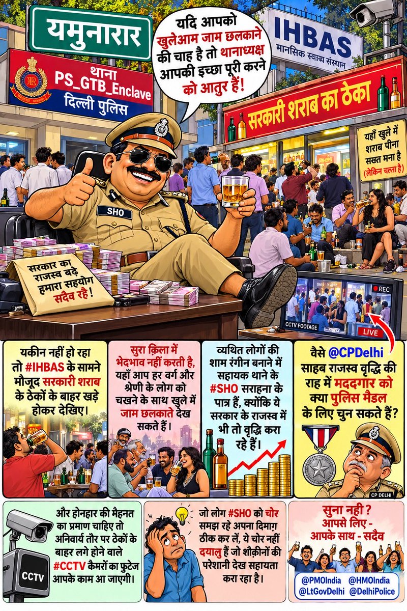 PressSubodhJain's tweet photo. यमुनारार में थाना है #PS_GTB_Enclave.

यदि आपको खुलेआम जाम छलकाने की चाह है तो थानाध्यक्ष आपकी इच्छा पूरी करने को आतुर हैं!

यकीन नहीं हो रहा तो #IHBAS के सामने मौजूद सरकारी शराब के ठेकों के बाहर खड़े होकर देखिए।

सुरा क़िला में भेदभाव नहीं करती है, यहाँ आप हर वर्ग और श्रेणी के लोग को चखने के साथ खुले में जाम छलकाते देख सकते हैं।

व्यथित लोगों की शाम रंगीन बनाने में सहायक थाने के #SHO सराहना के पात्र हैं, क्योंकि ये सरकार के राजस्व में भी तो वृद्धि करा रहे हैं।

वैसे @CPDelhi साहब राजस्व वृद्धि की राह में मददगार को क्या पुलिस मैडल के लिए चुन सकते हैं?

और होनहार की मेहनत का प्रमाण चाहिए तो अनिवार्य तौर पर ठेकों के बाहर लगे होने वाले #CCTV कैमरों का फुटेज आपके काम आ जाएगी।

जो लोग #SHO को चोर समझ रहे अपना दिमाग़ ठीक कर लें, ये चोर नहीं दयालु हैं जो शौक़ीनों की परेशानी देख सहायता करा रहा है।

सुना नही? आपसे लिए-आपके साथ-सदैव

@PMOIndia @HMOIndia @LtGovDelhi @DelhiPolice