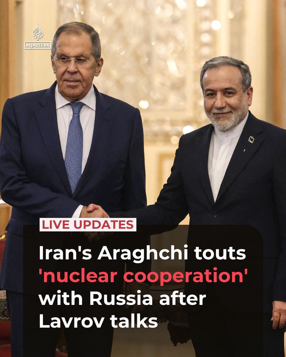 AJEnglish's tweet photo. Iranian Foreign Minister Abbas Araghchi says "never in our history have Iran and Russia worked as closely as now" after meeting Russia's Sergey Lavrov in Tehran.

Talks also covered Palestine, Ukraine and nuclear cooperation.

🔴 LIVE updates: https://t.co/8t31dFA2GL https://t.co/EewqezsQfv
