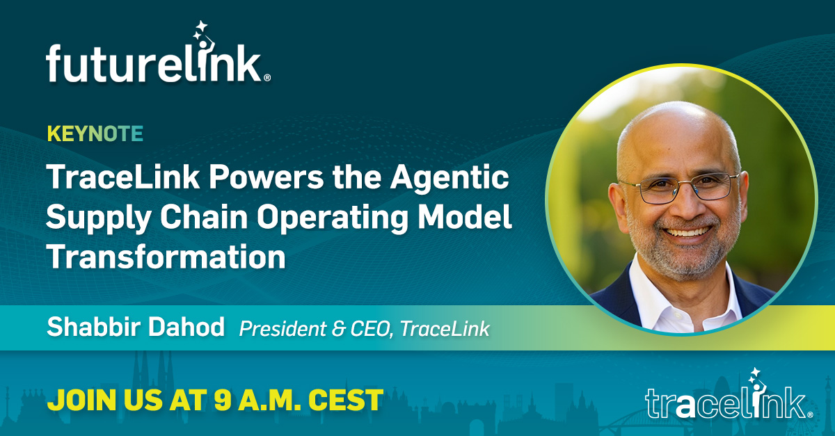 TraceLink's tweet photo. The #FutureLink2026 Barcelona main stage kicks off at 9:00 a.m. CEST with TraceLink CEO Shabbir Dahod sharing his vision for the Agentic Supply Chain Operating Model, where human expertise and agentic work come together to boost performance across the supply chain. https://t.co/Vjm54mmVq4