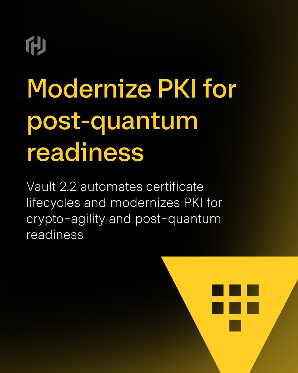 HashiCorp's tweet photo. Vault 2.2 automates public certificate lifecycle management, modernizes PKI, and improves crypto-agility and post-quantum readiness. See how to reduce risk and simplify security across the autonomous hybrid cloud. ☁️ https://t.co/qRFBI8GQ8C https://t.co/TTLS37jalX