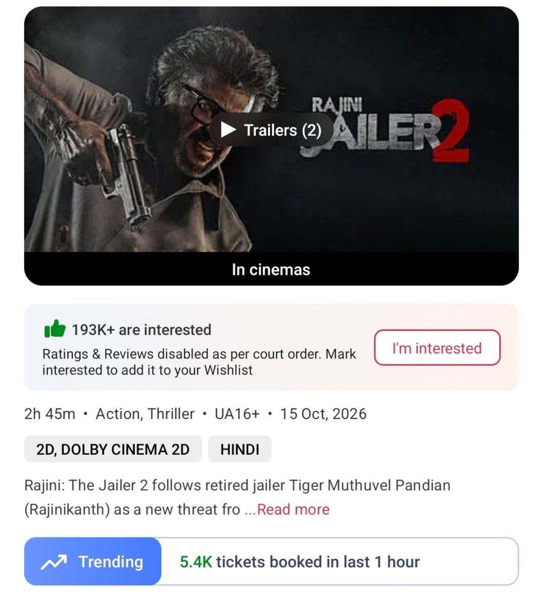 filmy_view's tweet photo. #Jailer2 💥💥
10-11am    
Tickets sold on BMS- 52490
Yesterday- 48400

Total from 6am- 1,39,560
Yest- 1,26,860 https://t.co/Zt8qKCgE72