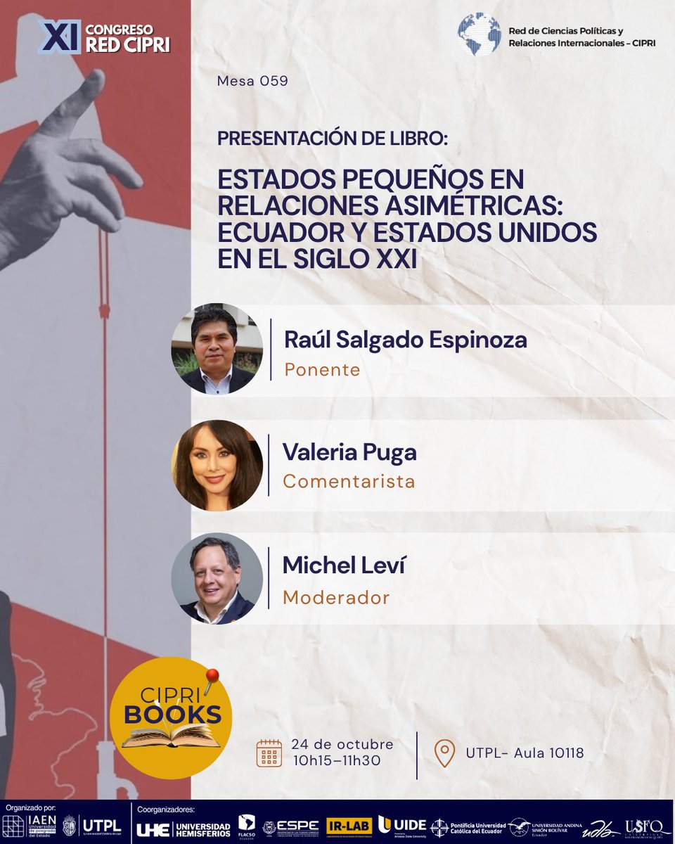 REDCIPRI's tweet photo. Últimas mesas temáticas y paneles previos a los eventos de clausura en CIPRI UTPL, Loja📍

🗓️Sábado 24 de octubre 

No te pierdas de estos espacios de alto nivel con expertos e investigadores del campo 🙌

Te esperamos en el XI Congreso CIPRI en LOJA 👏

#books #utpl #loja https://t.co/kX1lTu6vMG
