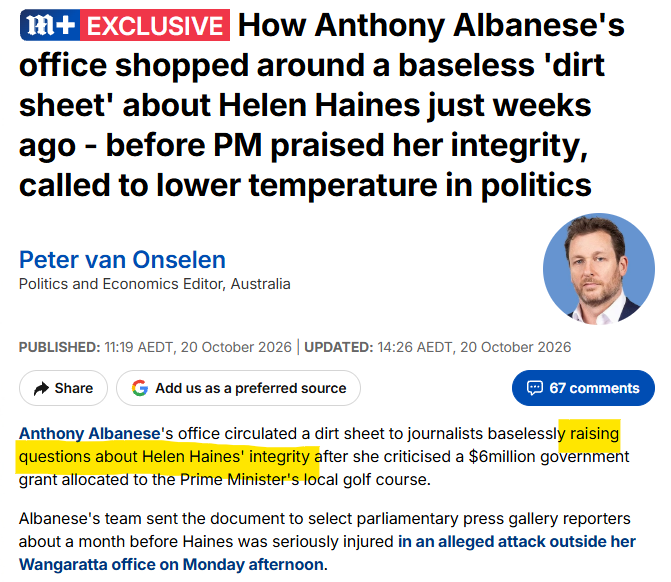 TopherField's tweet photo. Wait WHAT???

@AlboMP just waxed lyrical about the INTEGRITY of Helen Haines on the ABC last night... but just a month ago his office was shopping around a DIRT FILE on her?

Just when I think I can no longer be shocked by the cynicism of this man, he stoops to a new low.

I've read the article and it looks like the attempted 'dirt file' was a flop... just baseless questions trying to get hook a journalist into printing a baseless attack piece, and credit to journalists for not picking it up, but HOT DAMN for Albo to turn around now and speak in glowing terms?

Despicable.