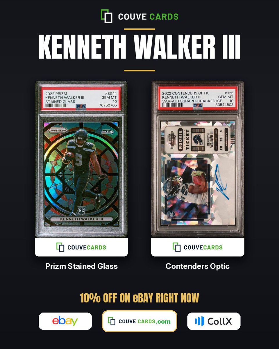 TheCouveCards's tweet photo. Kenneth Walker III PSA 10s 🔥 10% off on eBay right now

Prizm Stained Glass
https://t.co/AO2SDVXdq8

Contenders Optic Cracked Ice Image Var Auto
https://t.co/7DLjxsbSYV

#KennethWalkerIII #KW3 #Seahawks #GoHawks #ChiefsKingdom #SuperBowlMVP #TheHobby #SportsCards #FootballCards https://t.co/yyO2zXHDZI