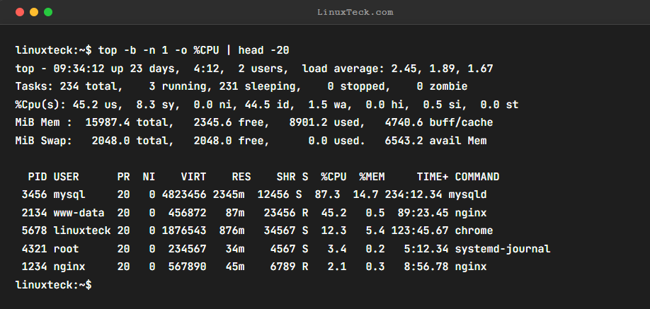 linuxteck's tweet photo. Quick Linux Tip #103

Q: Something is pegging my CPU. How do I pinpoint it with real-time refresh?

Try:`top -b -n 1 -o %CPU | head -20`

Info: Single snapshot sorted by CPU for quick checks.

Want to master Linux one command at a time?
Follow @linuxteck  - 1 practical tip. https://t.co/VXqaiNFnZm