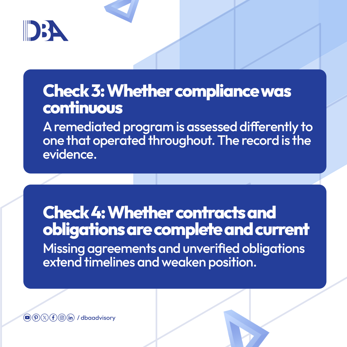 dbaadvisory's tweet photo. Swipe through four checks that reward long-run discipline. Build readiness into how you operate, visit https://t.co/DPZjyT1CGe
#DBAAdvisory #DueDiligence #TransactionReadiness #CorporateGovernance #BusinessContinuity #RiskManagement https://t.co/d45EzywA8a