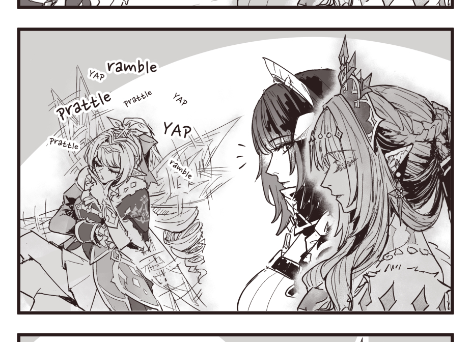 eulyin's tweet photo. [Prattle]
The main idea is a comedy about how Vesna likes to prattle &amp; the Tsaritsa is genuinely fine with listening, but Danica misunderstands XD just wishes her mistress' comfort~ (or is it?😌)

I hope I hit the comedy right 🏃‍♀️🏃‍♀️🏃‍♀️ (while still having the fit in-chara of them) https://t.co/cBI8VY49gR