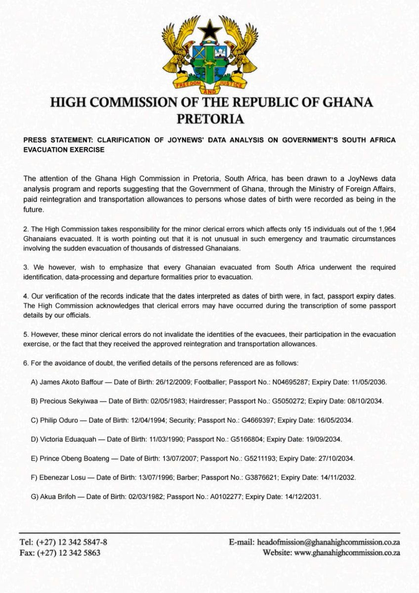 tv3_ghana's tweet photo. The Ghana High Commission in Pretoria clarifies that the "future dates" flagged in the South Africa evacuation data were actually passport expiry dates, attributing the mix-up to minor clerical errors affecting only 15 of the 1,964 evacuees.

#3NewsGH #TV3GH https://t.co/PGM963Ceh4
